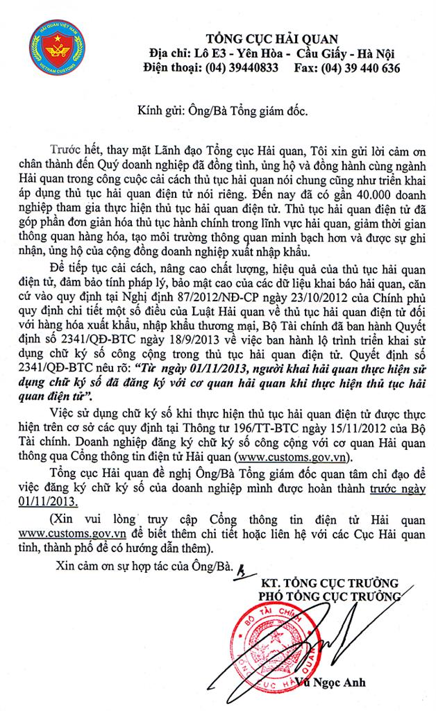 Thư của Tổng cục Hải quan gửi cộng đồng doanh nghiệp về việc đăng ký và sử dụng chữ ký số trong thủ tục hải quan điện tử