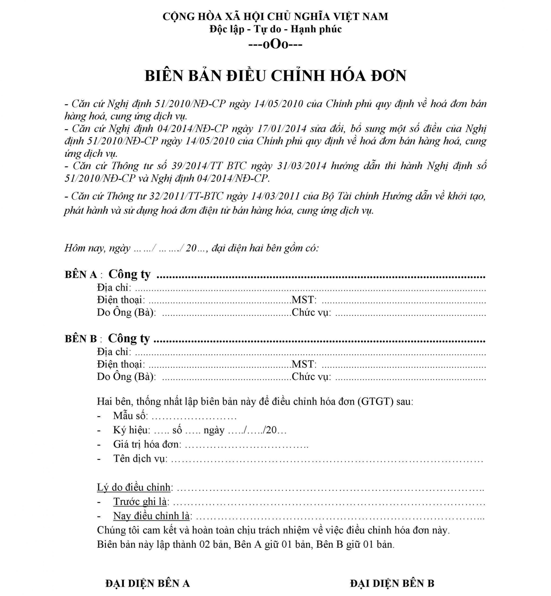 Mẫu biên bản điều chỉnh hóa đơn mới nhất 2020