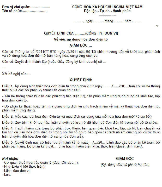 Quyết định áp dụng hóa đơn điện tử
