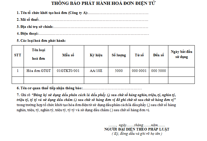 Thông báo phát hành hóa đơn điện tử.