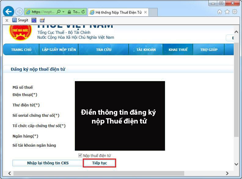 Điền các thông tin để đăng ký nộp Thuế điện tử.