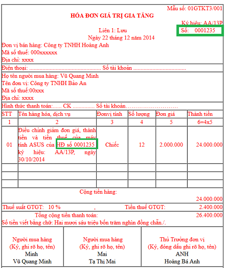 Mẫu hóa đơn điều chỉnh giảm tiền thuế.