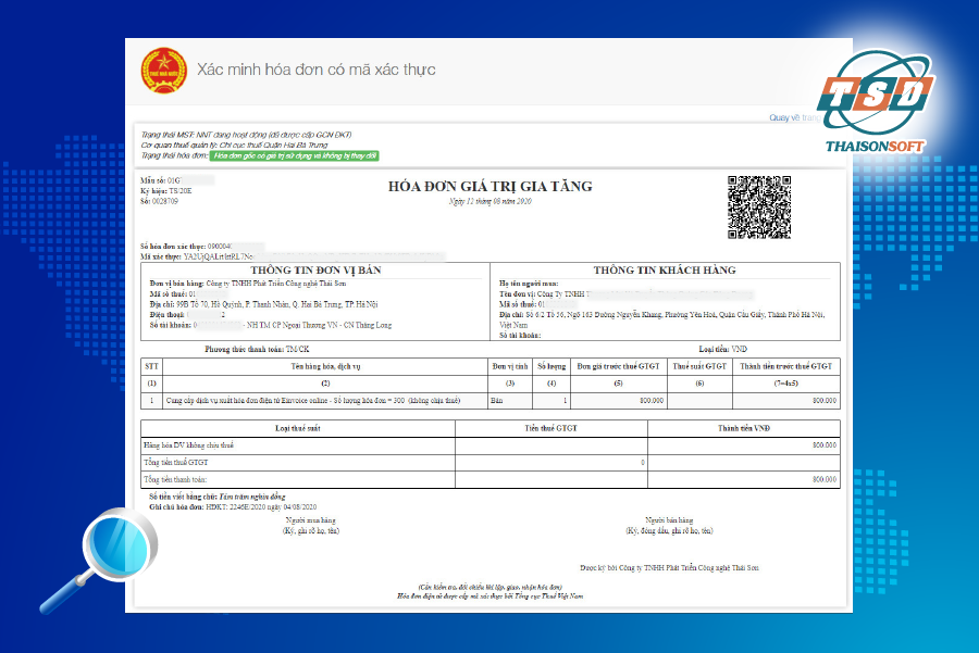Xác minh hóa đơn điện tử xác thực của ThaisonSoft phát hành.