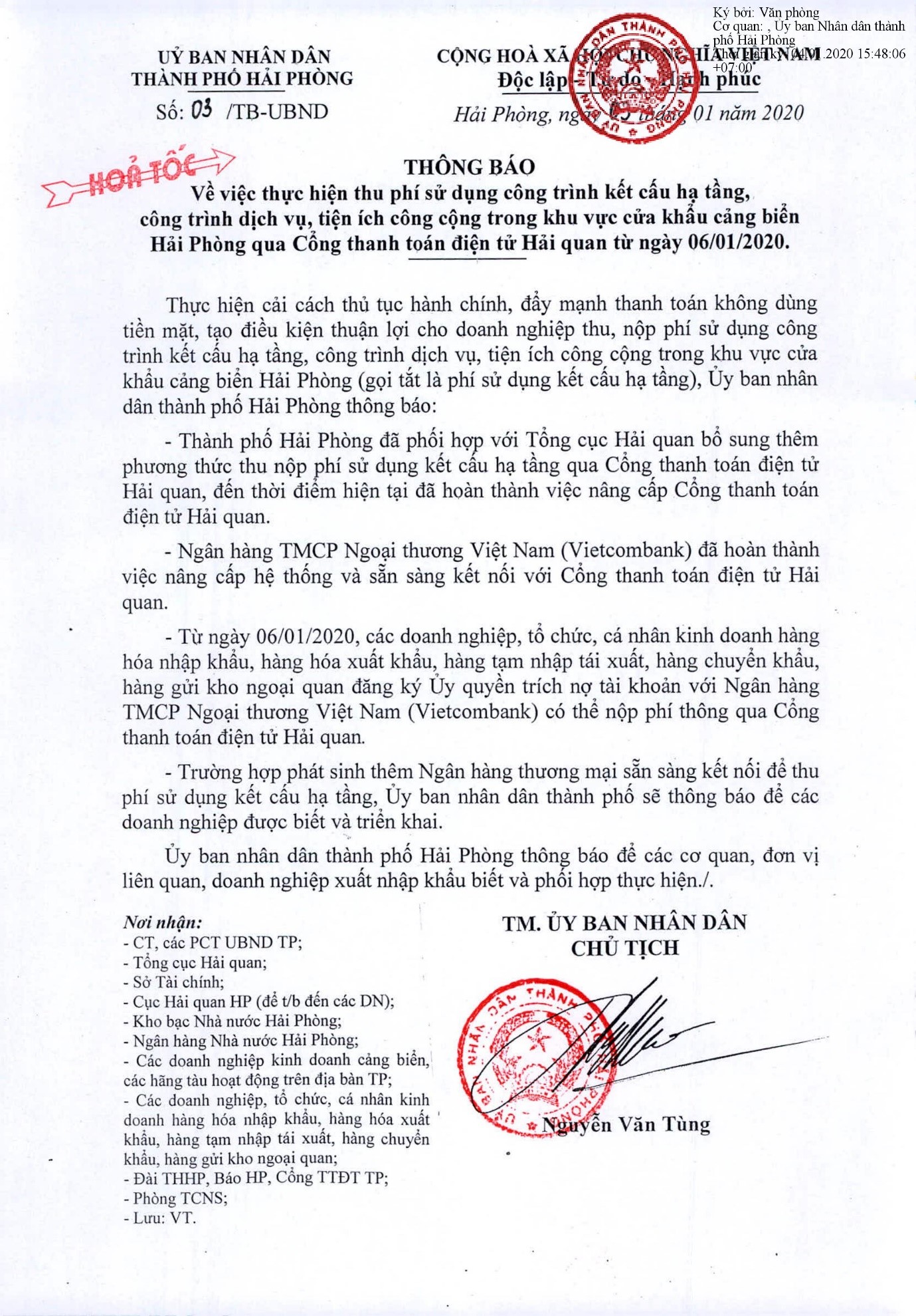 UBND TP Hải Phòng thông báo thực hiện thu phí sử dụng công trình kết cấu hạ tầng, công trình dịch vụ, tiện ích công cộng trong khu vực cửa khẩu cảng biển 