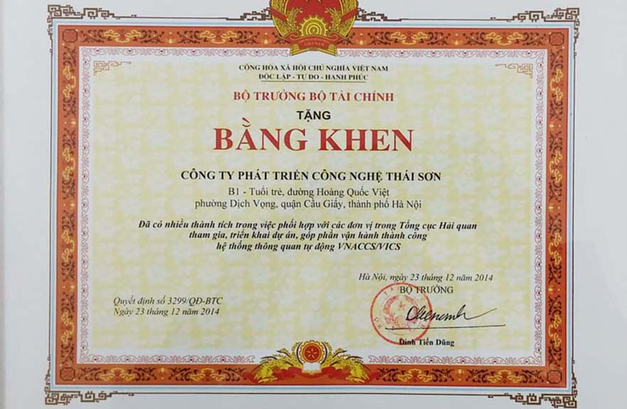 Công ty Thái Sơn vinh dự nhận bằng khen của Bộ Tài Chính về thành tích đã phối hợp với Tổng Cục Hải quan triển khai thành công hệ thống hải quan điện tử VNACCS/VCIS.